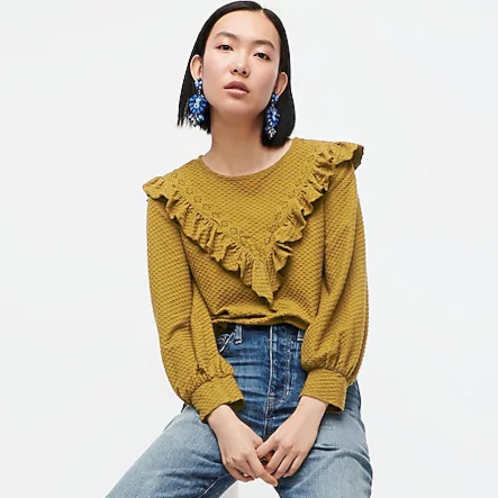 J. Crew Ruffle-trim honeycomb-knit cotton top